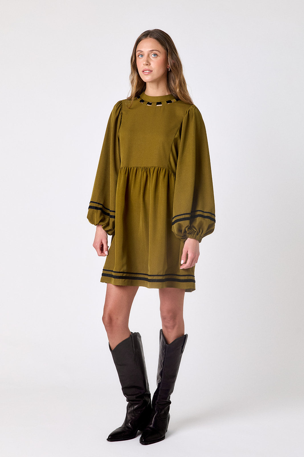 Dark Lichen above-the-knee dress with balloon sleeves on model – CROSBY by Mollie Burch