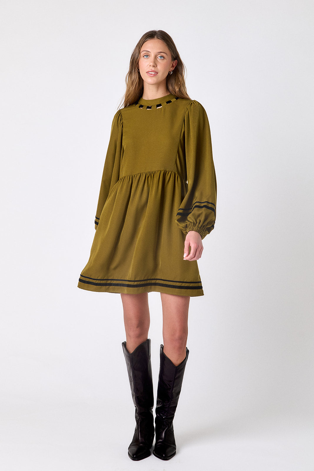 Dark Lichen above-the-knee dress with balloon sleeves on model – CROSBY by Mollie Burch