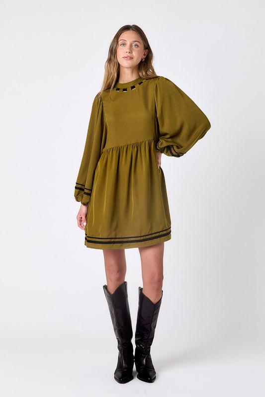 Dark Lichen above-the-knee dress with balloon sleeves on model – CROSBY by Mollie Burch