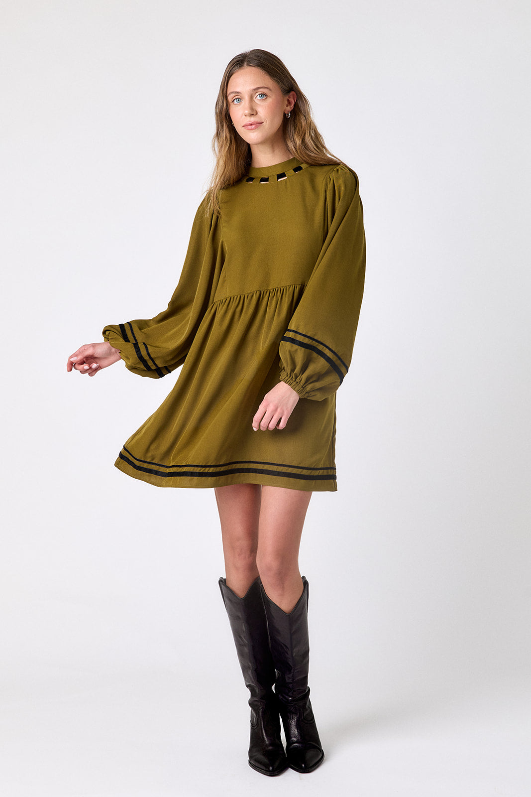Dark Lichen above-the-knee dress with balloon sleeves on model – CROSBY by Mollie Burch