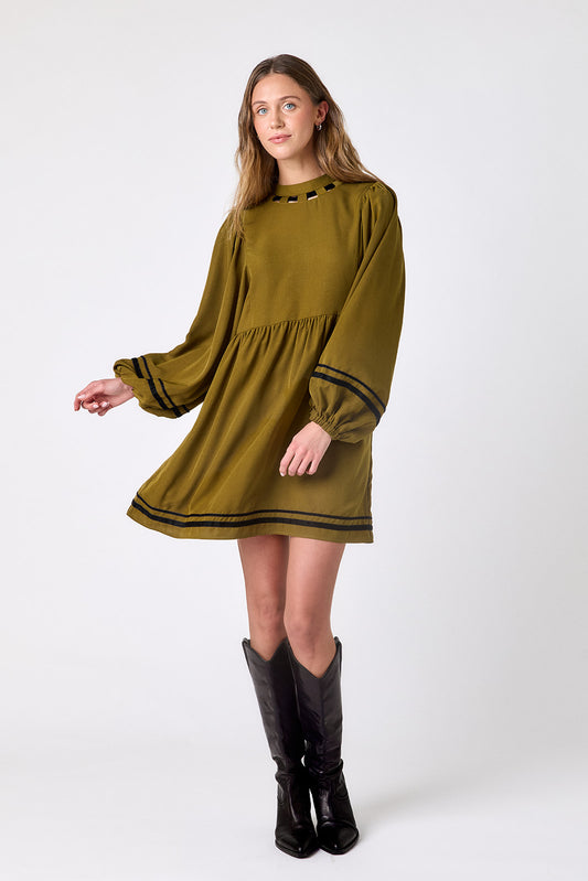 Dark Lichen above-the-knee dress with balloon sleeves on model – CROSBY by Mollie Burch