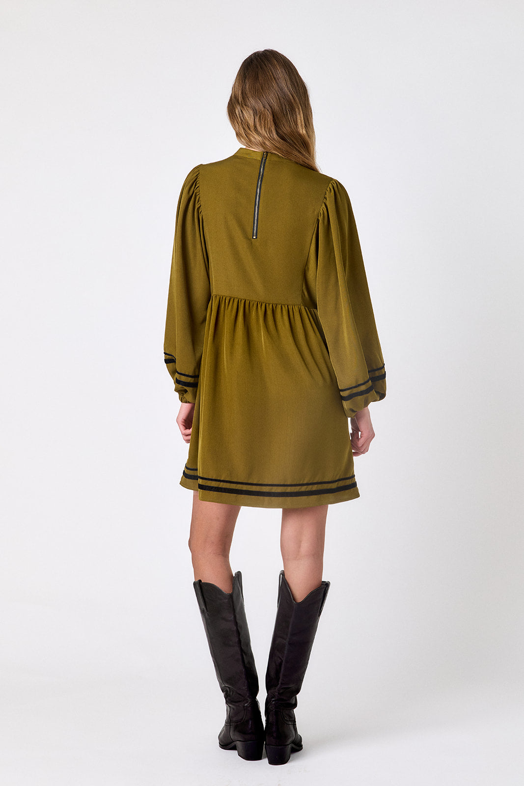 Dark Lichen above-the-knee dress with balloon sleeves on model – CROSBY by Mollie Burch