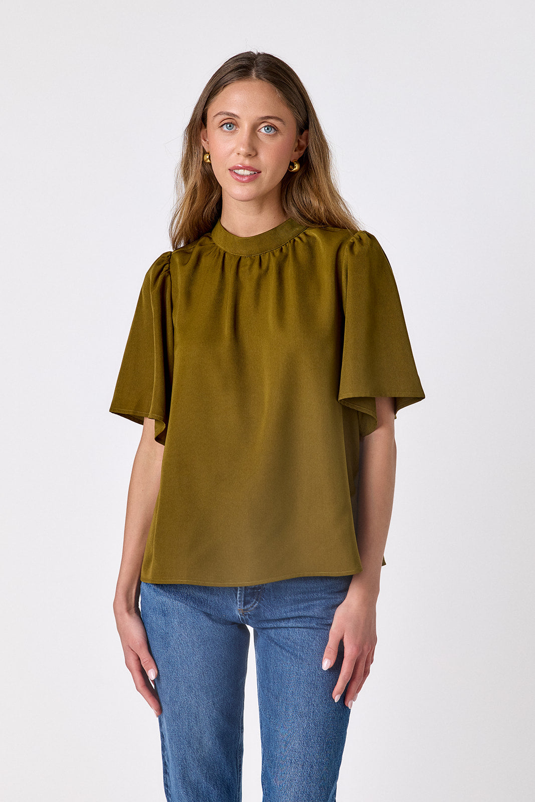 Dark Lichen A-line short sleeve top on model – CROSBY by Mollie Burch