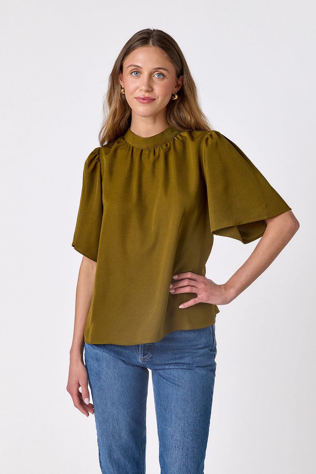 Dark Lichen A-line short sleeve top on model – CROSBY by Mollie Burch