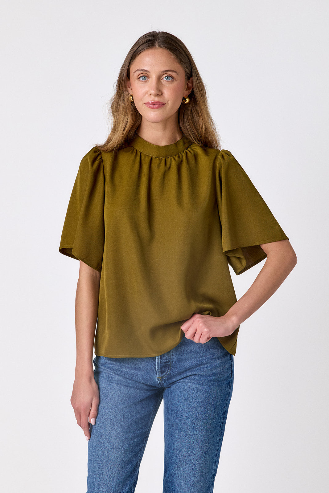 Dark Lichen A-line short sleeve top on model – CROSBY by Mollie Burch