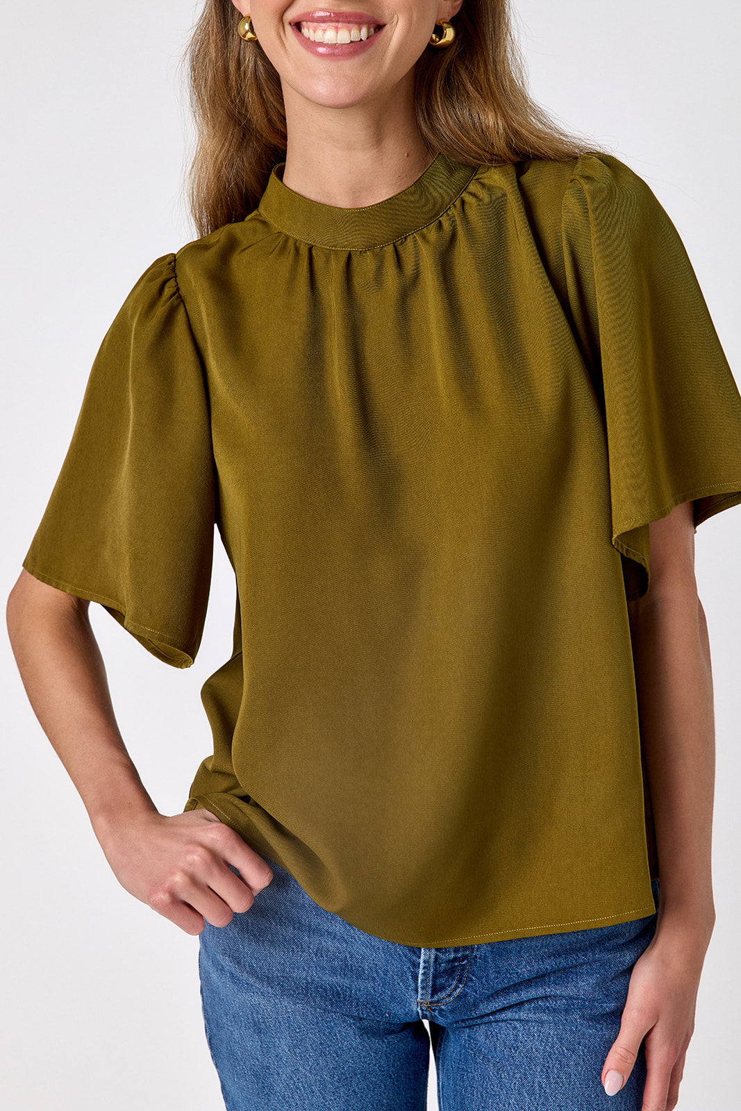 Dark Lichen A-line short sleeve top on model – CROSBY by Mollie Burch