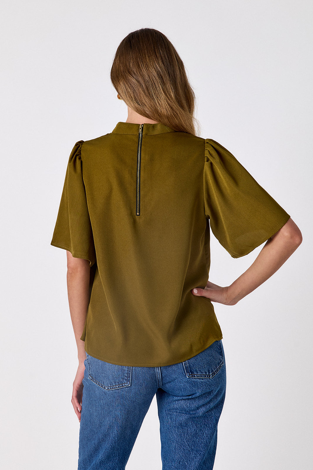 Dark Lichen A-line short sleeve top on model – CROSBY by Mollie Burch