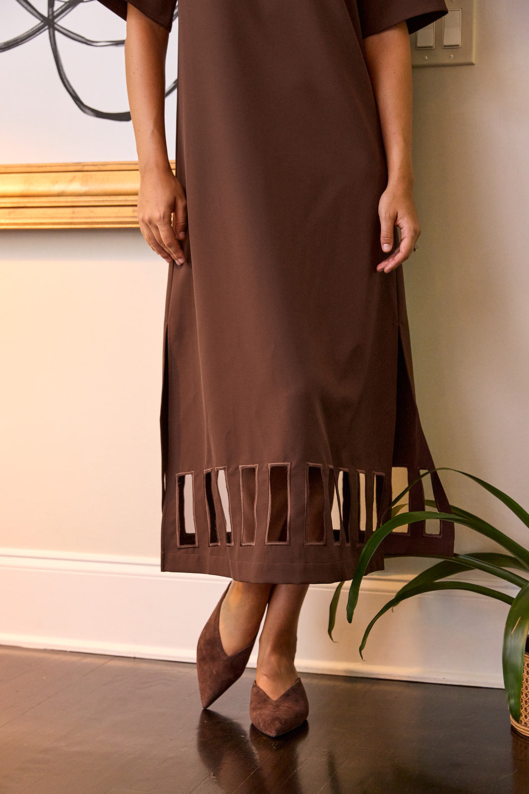 Brownie short sleeve ankle-length dress with a straight fit on model – CROSBY by Mollie Burch