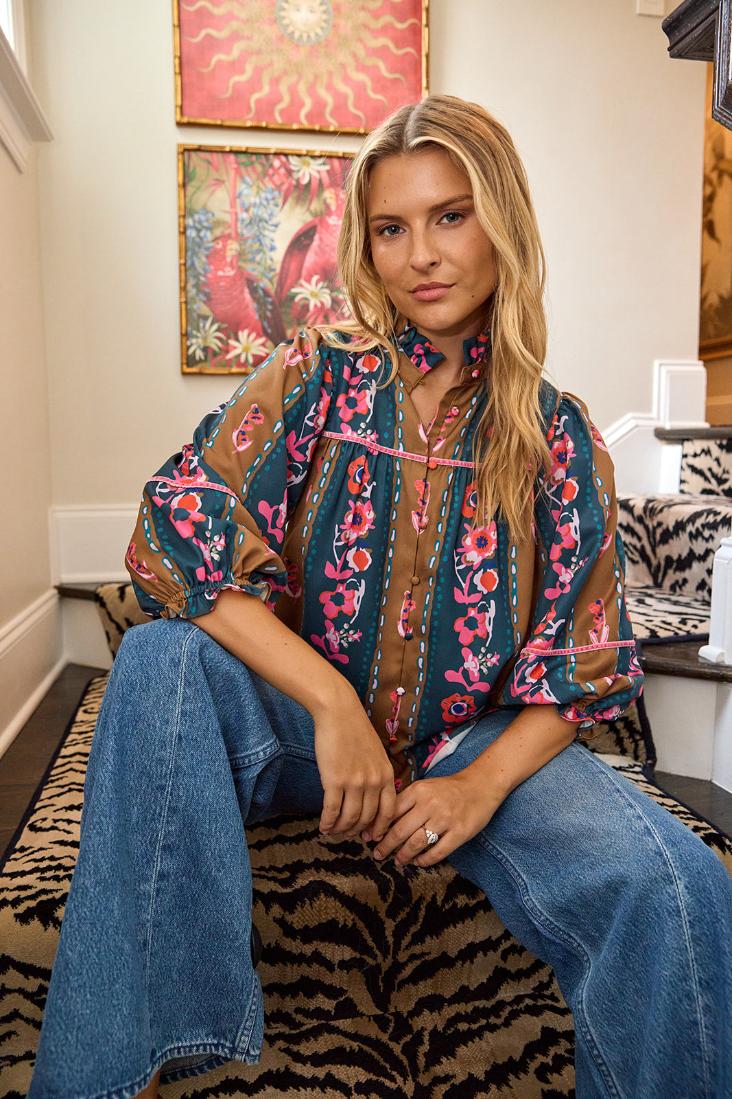 Tapestry Stripe flowy ¾ sleeve blouse on model – CROSBY by Mollie Burch