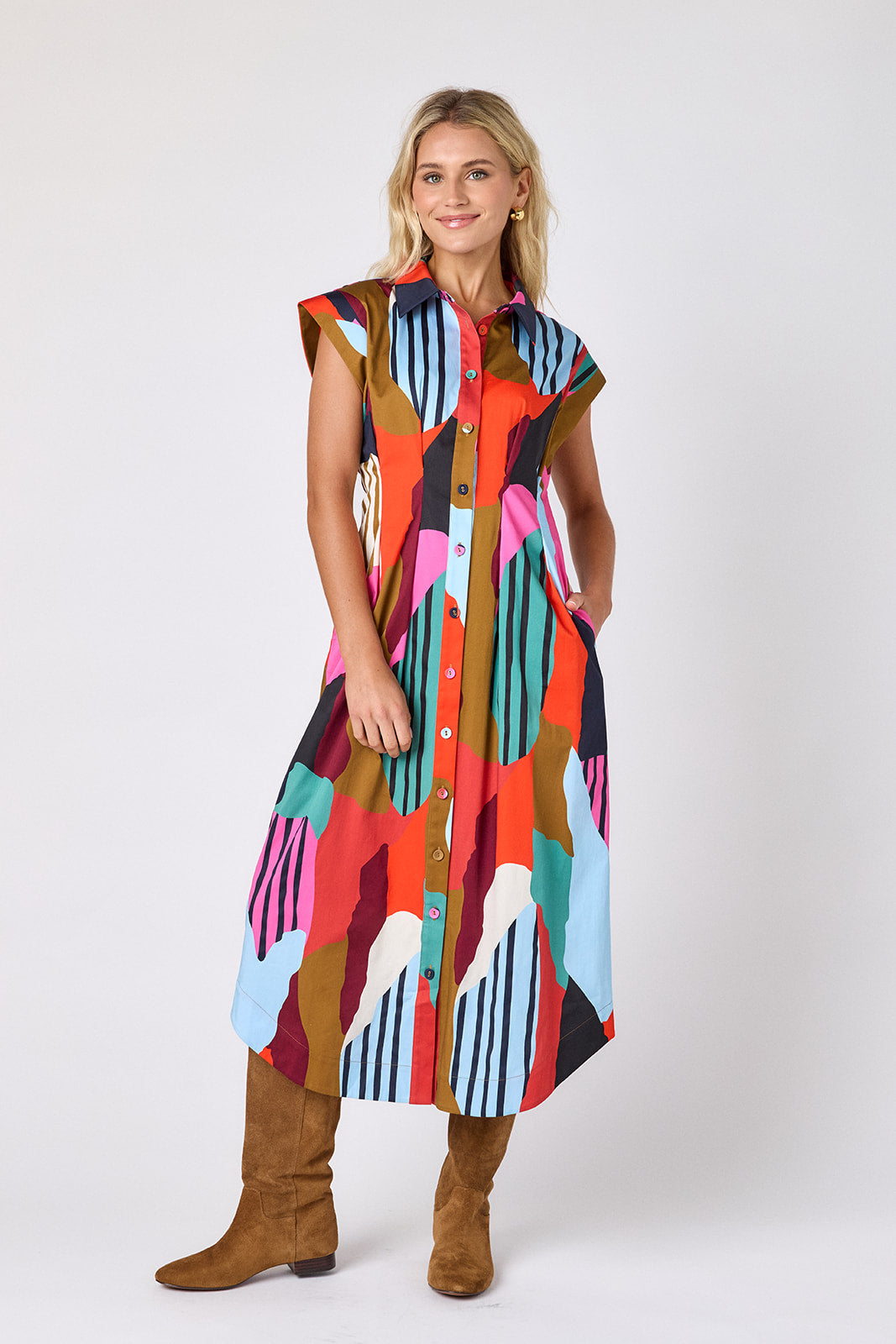 Field Study collared button down dress with waist emphasis on model — CROSBY by Mollie Burch