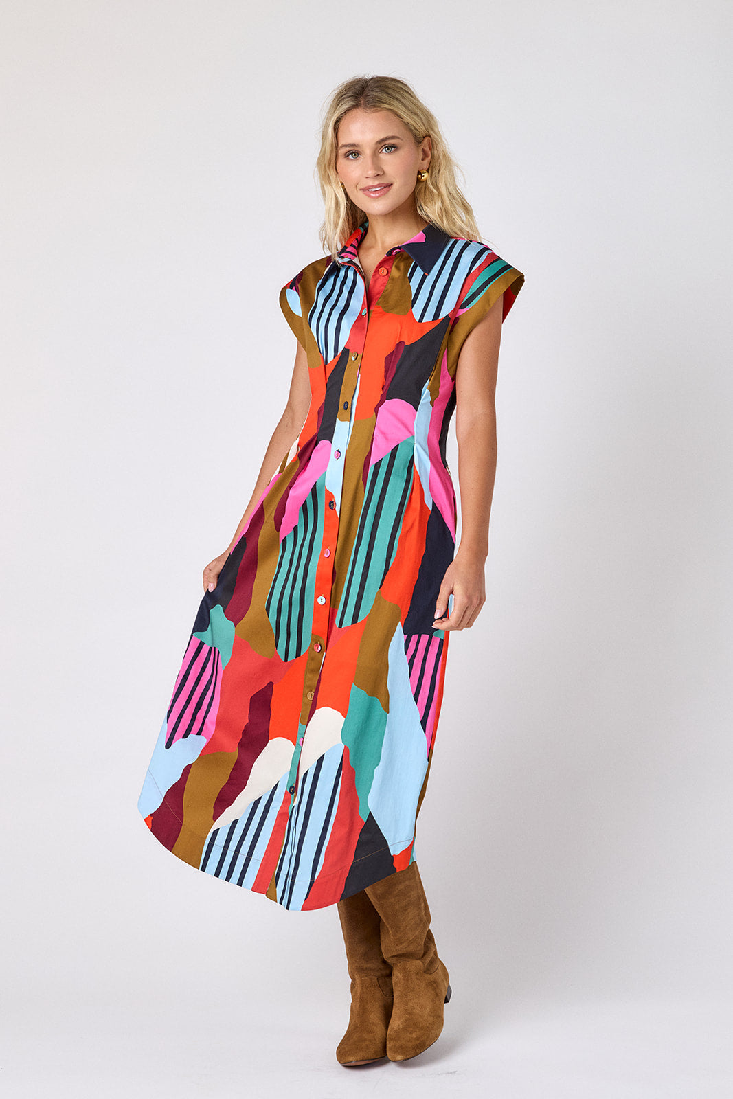 Field Study collared button down dress with waist emphasis on model — CROSBY by Mollie Burch