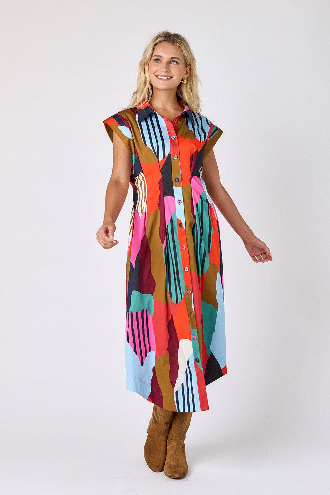 Field Study collared button down dress with waist emphasis on model — CROSBY by Mollie Burch