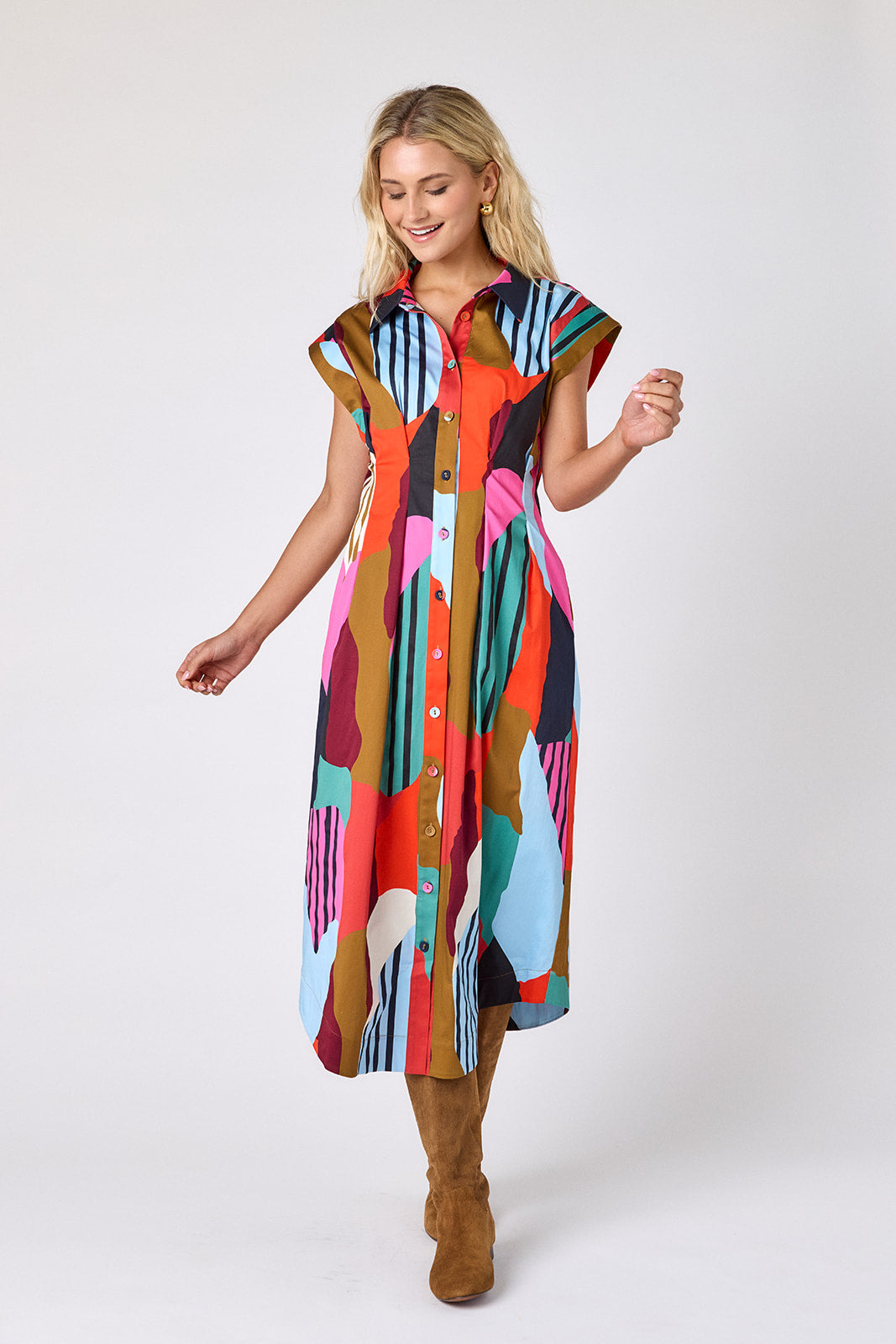 Field Study collared button down dress with waist emphasis on model — CROSBY by Mollie Burch