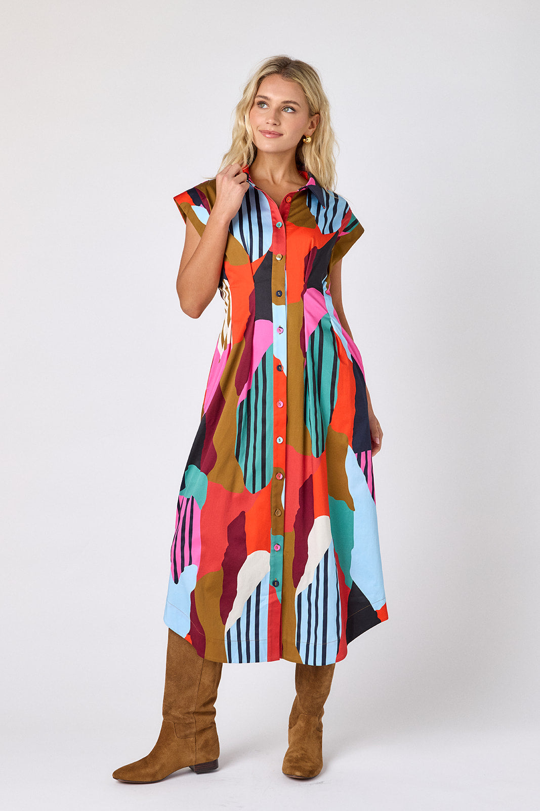 Field Study collared button down dress with waist emphasis on model — CROSBY by Mollie Burch