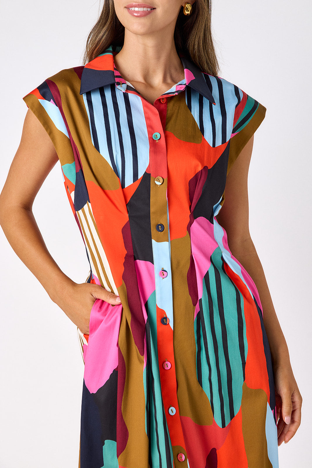 Field Study collared button down dress with waist emphasis on model — CROSBY by Mollie Burch
