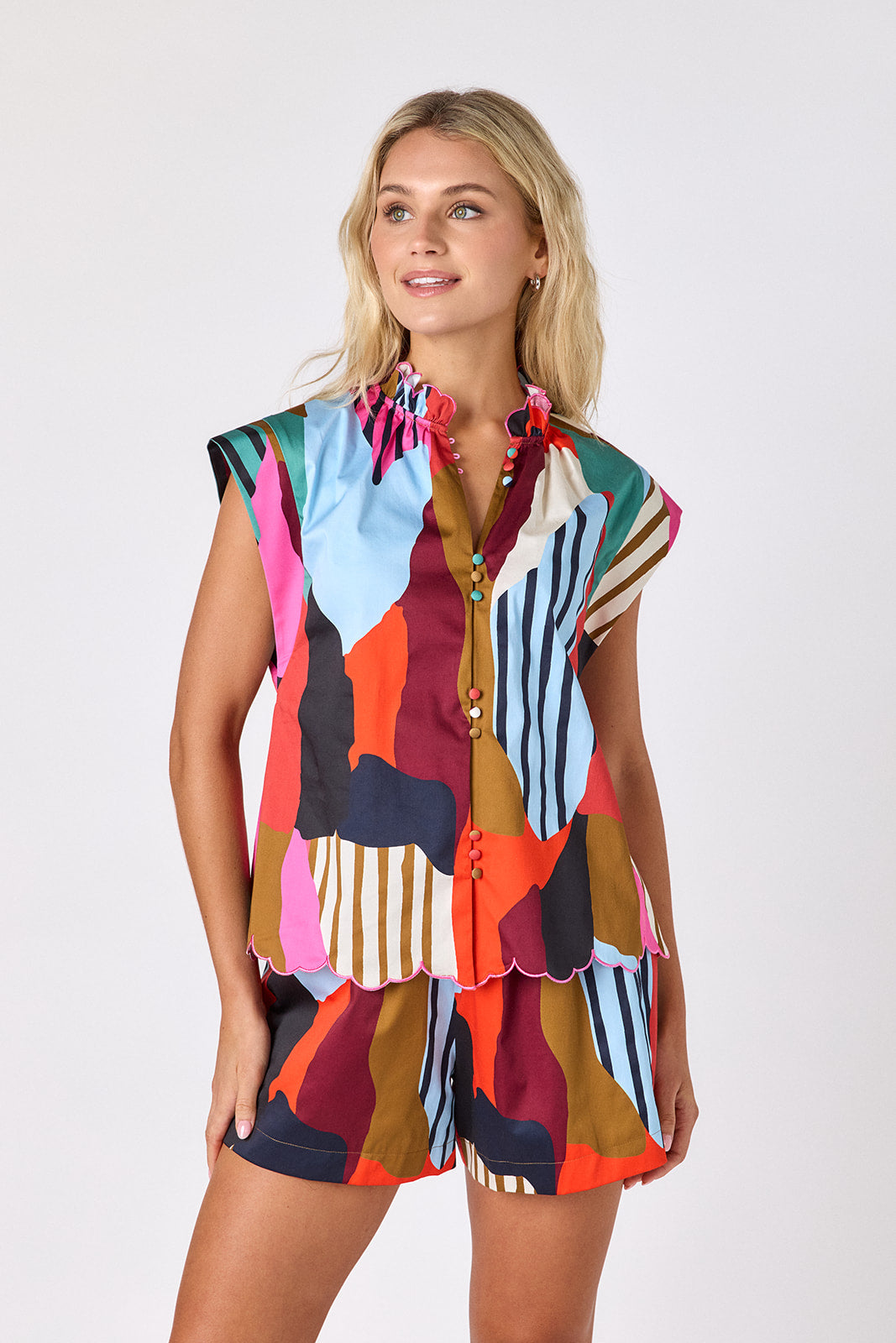 Field Study shorts with matching raglan style top with scallop detail on model — CROSBY by Mollie Burch