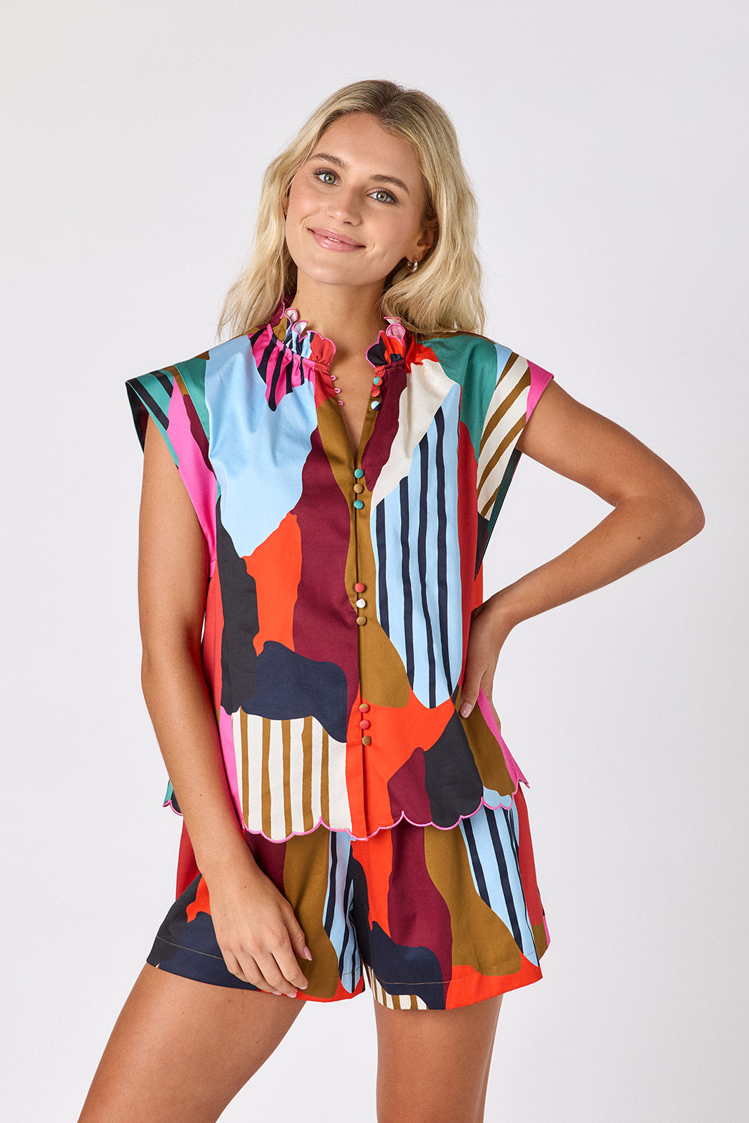 Field Study shorts with matching raglan style top with scallop detail on model — CROSBY by Mollie Burch