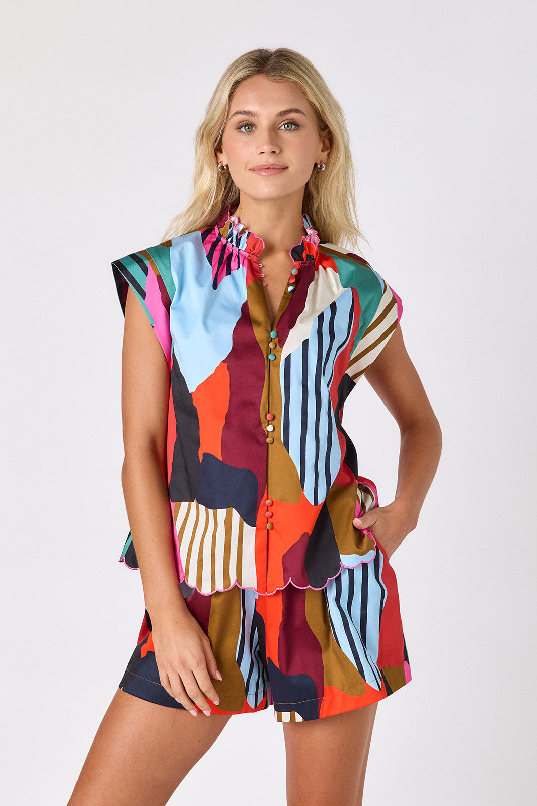Field Study shorts with matching raglan style top with scallop detail on model — CROSBY by Mollie Burch