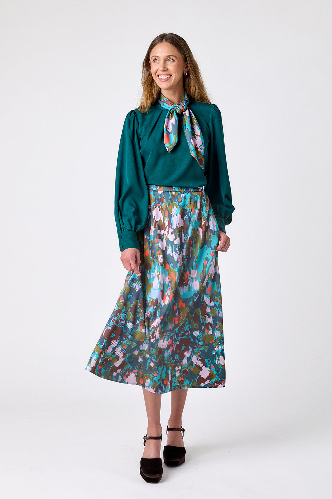 Florentine Marble voluminous A-line skirt on model – CROSBY by Mollie Burch