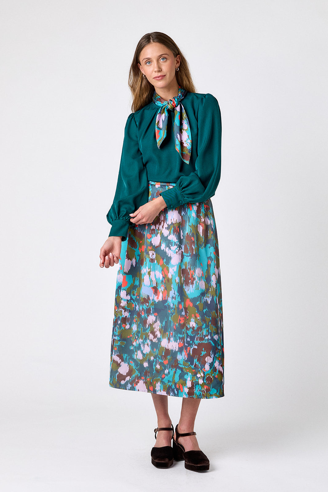 Florentine Marble voluminous A-line skirt on model – CROSBY by Mollie Burch