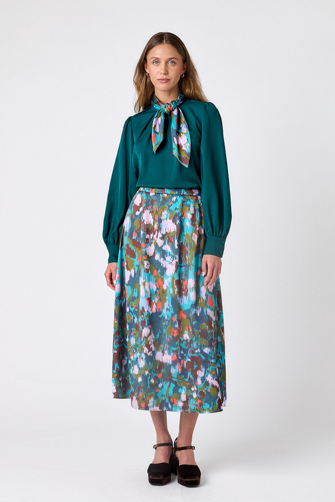 Florentine Marble voluminous A-line skirt on model – CROSBY by Mollie Burch