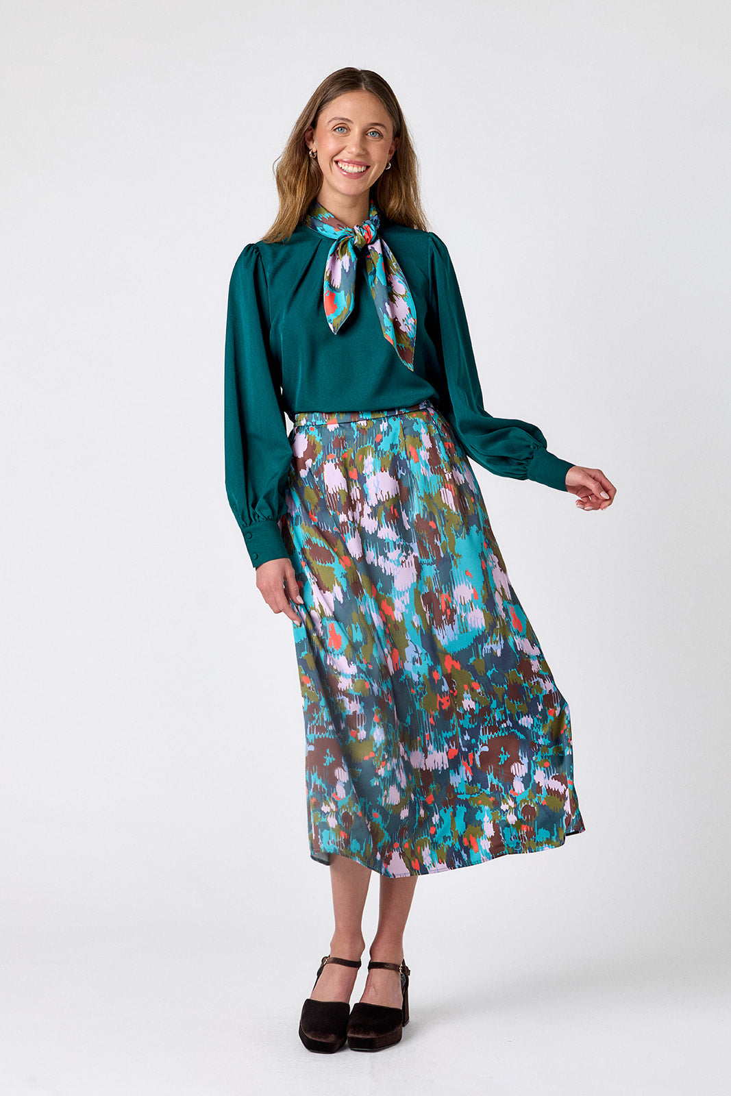 Florentine Marble voluminous A-line skirt on model – CROSBY by Mollie Burch