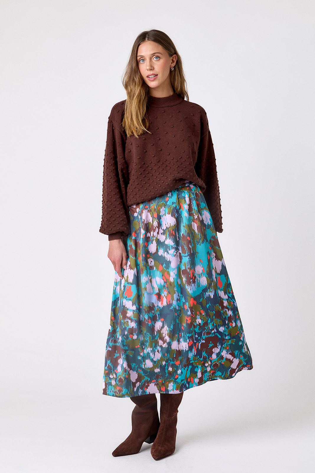 Florentine Marble voluminous A-line skirt on model – CROSBY by Mollie Burch