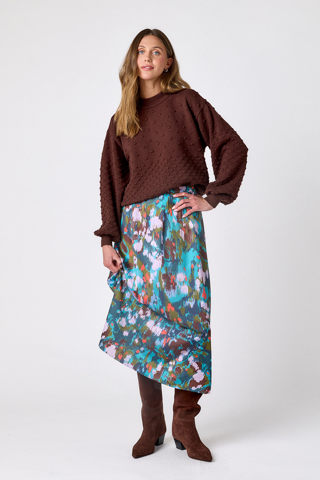 Florentine Marble voluminous A-line skirt on model – CROSBY by Mollie Burch