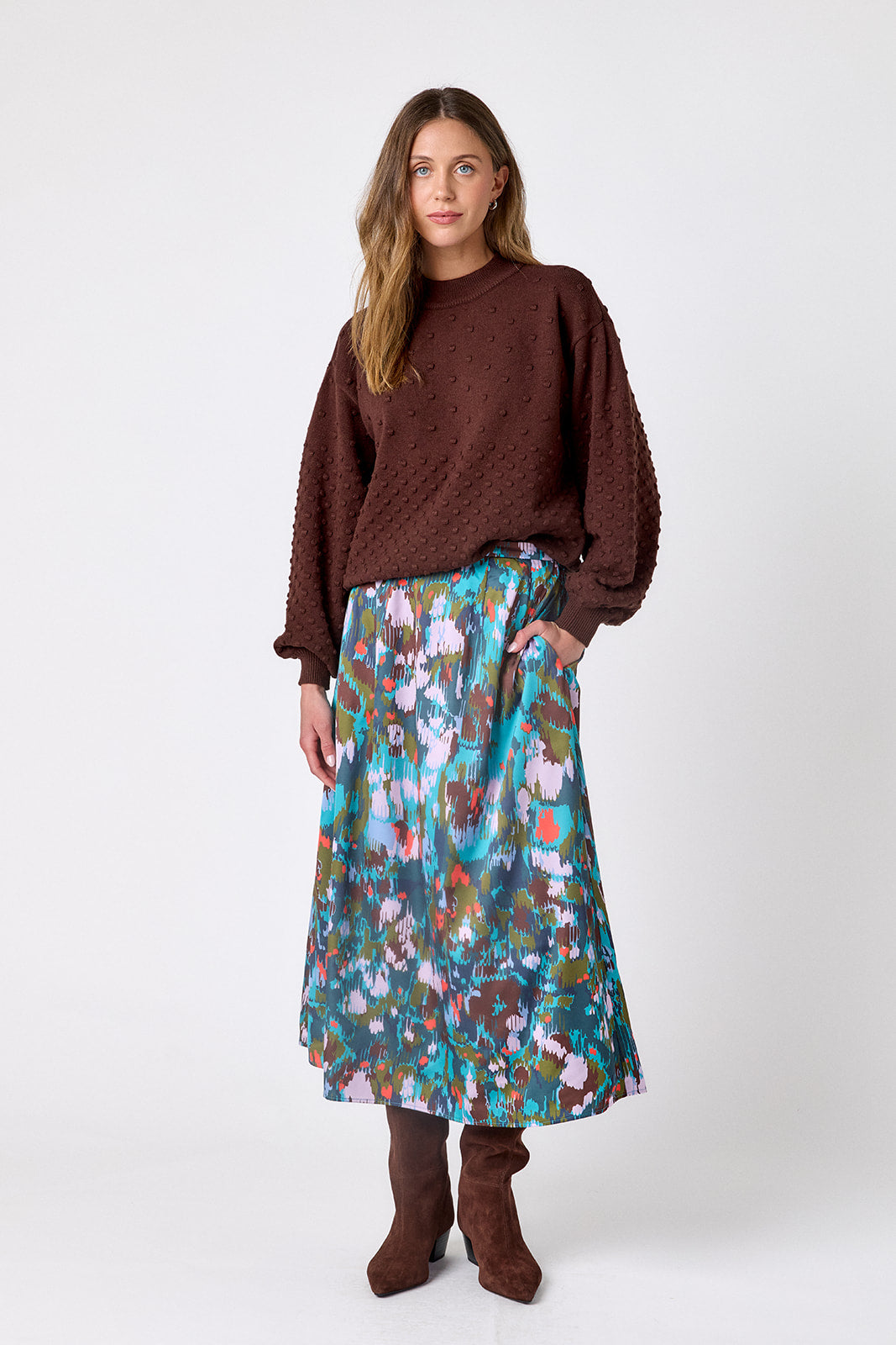 Florentine Marble voluminous A-line skirt on model – CROSBY by Mollie Burch