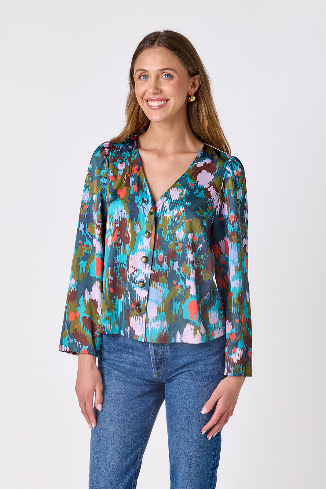 Florentine Marble V-neck straight fit top on model – CROSBY by Mollie Burch