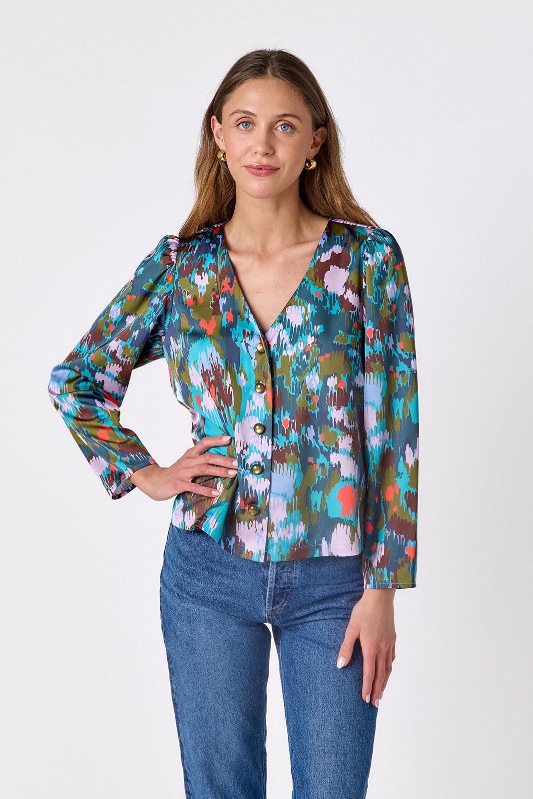 Florentine Marble V-neck straight fit top on model – CROSBY by Mollie Burch