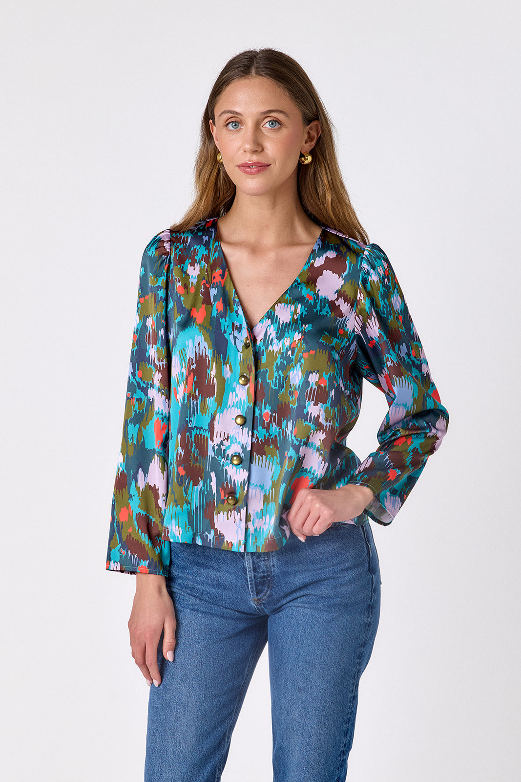 Florentine Marble V-neck straight fit top on model – CROSBY by Mollie Burch