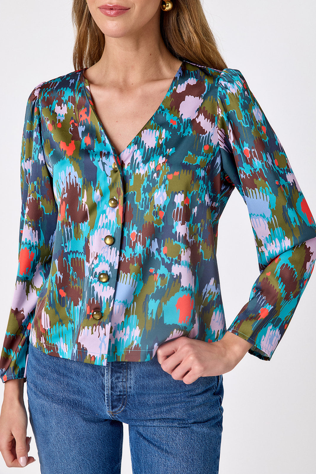 Florentine Marble V-neck straight fit top on model – CROSBY by Mollie Burch
