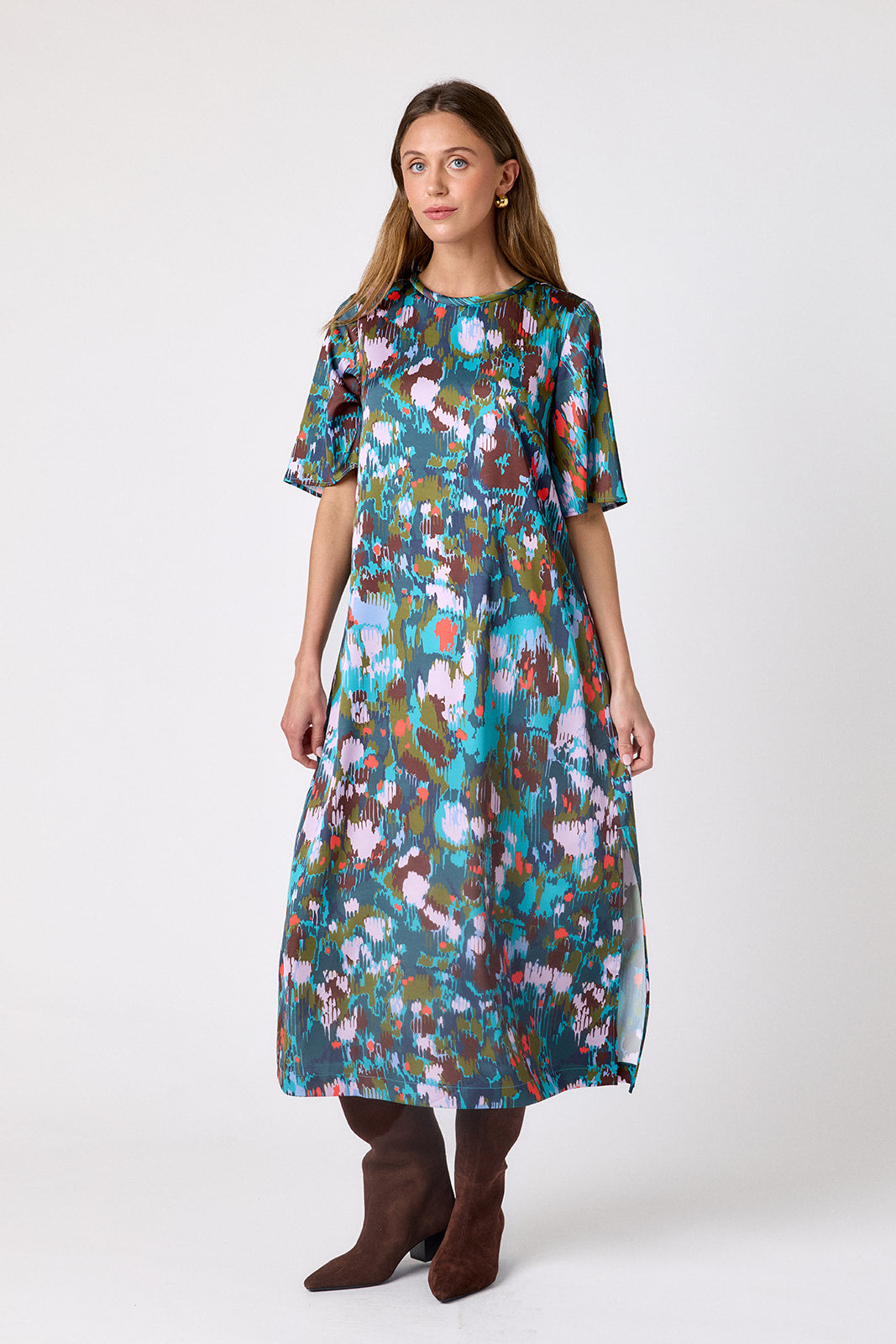 Florentine Marble short sleeve ankle-length dress with a straight fit on model – CROSBY by Mollie Burch
