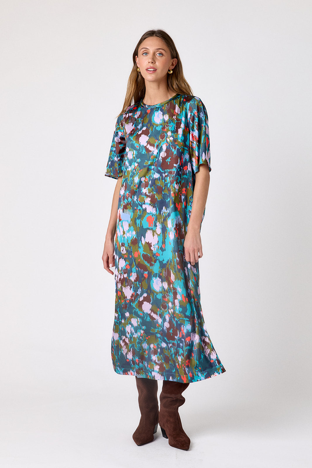 Florentine Marble short sleeve ankle-length dress with a straight fit on model – CROSBY by Mollie Burch
