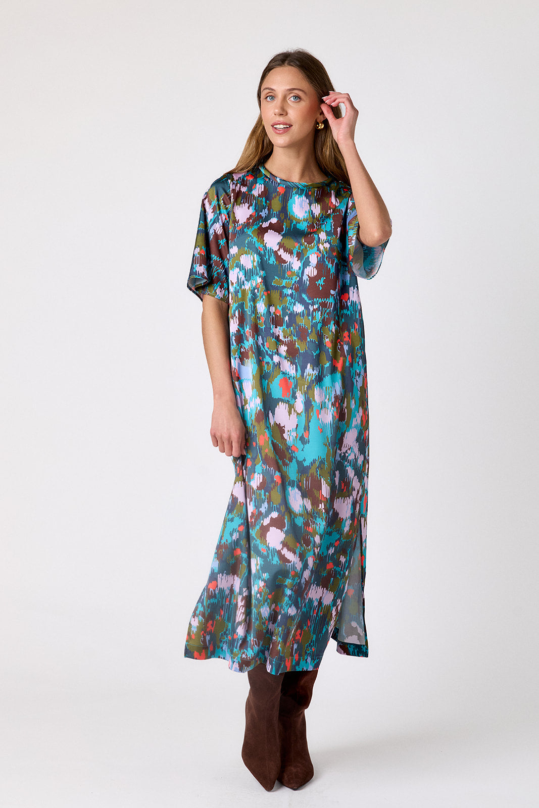 Florentine Marble short sleeve ankle-length dress with a straight fit on model – CROSBY by Mollie Burch
