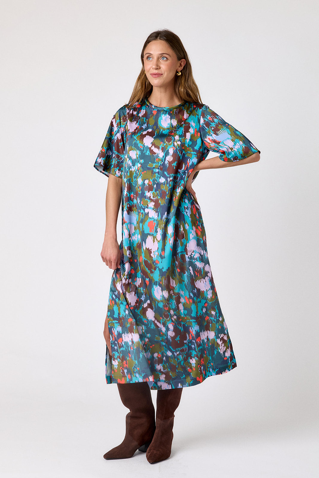 Florentine Marble short sleeve ankle-length dress with a straight fit on model – CROSBY by Mollie Burch
