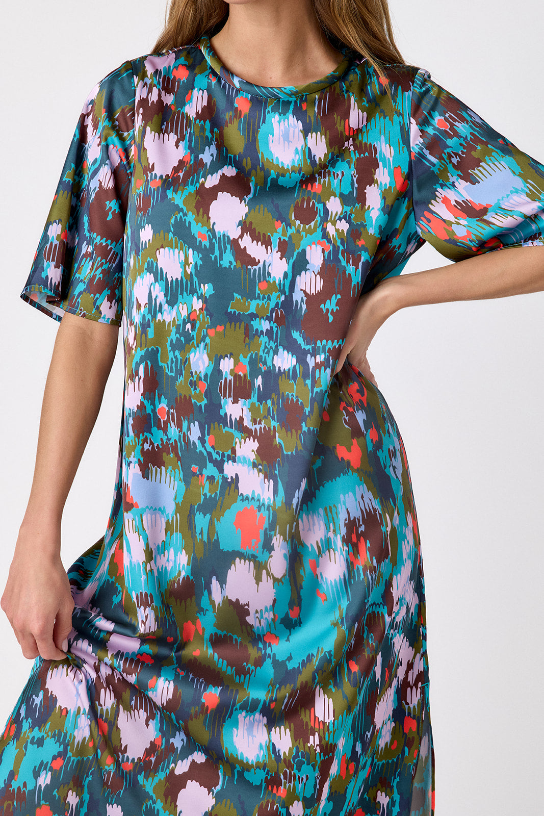 Florentine Marble short sleeve ankle-length dress with a straight fit on model – CROSBY by Mollie Burch
