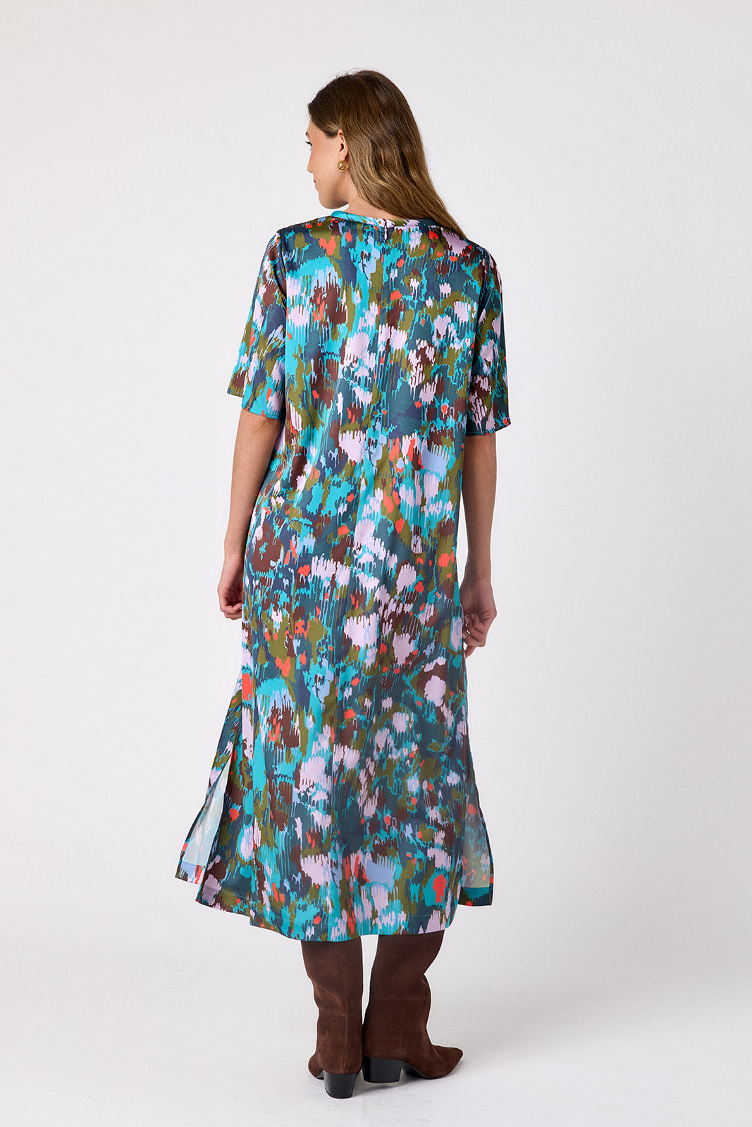 Florentine Marble short sleeve ankle-length dress with a straight fit on model – CROSBY by Mollie Burch
