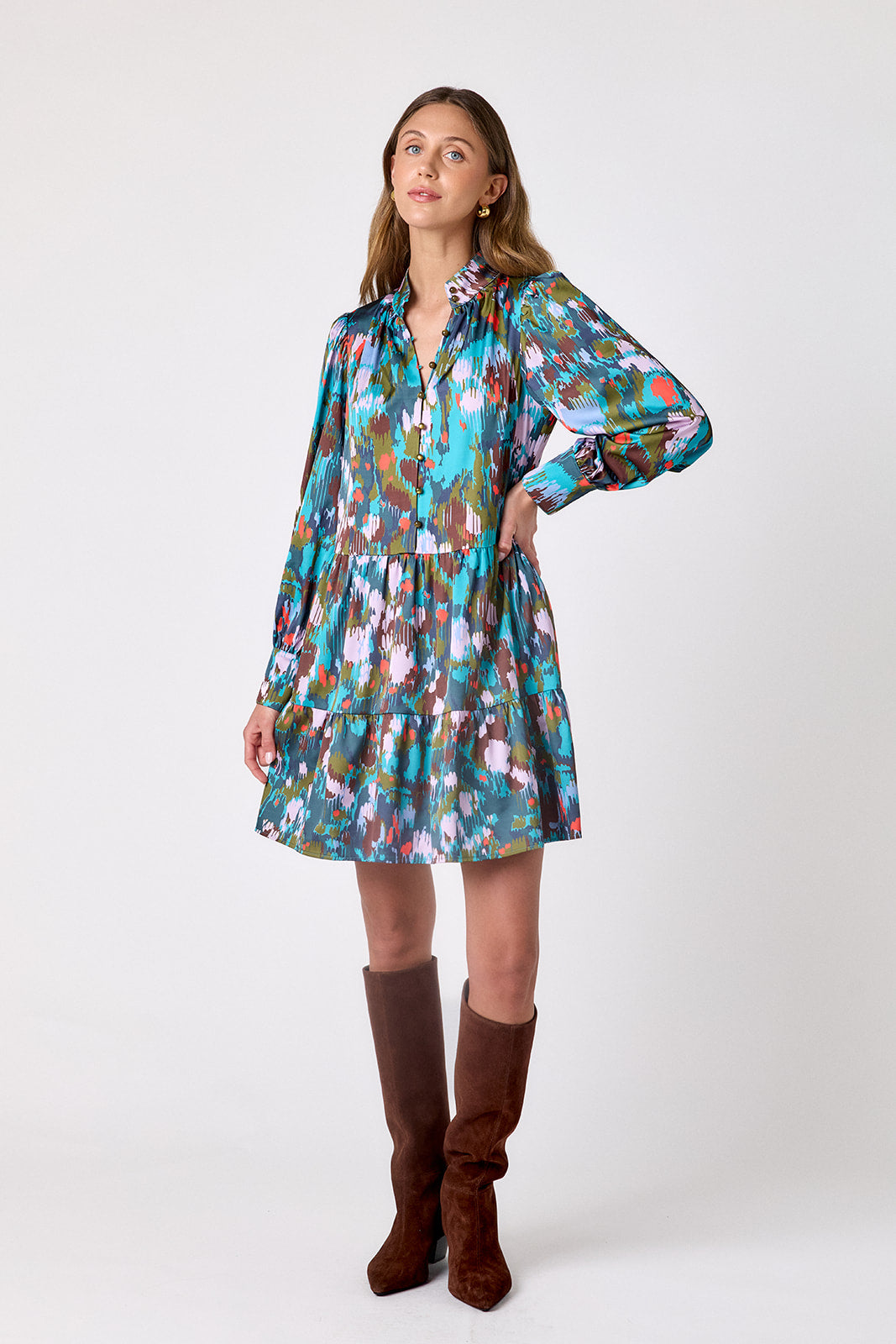 Florentine Marble tiered above-the-knee dress on model – CROSBY by Mollie Burch