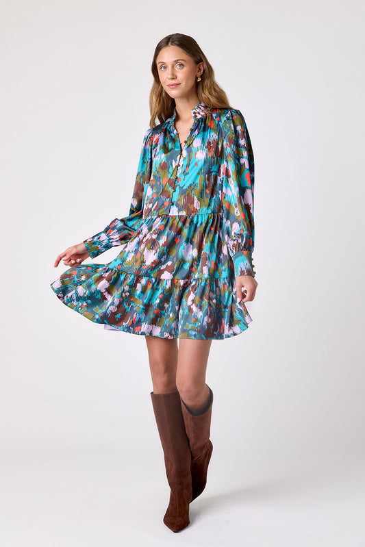 Florentine Marble tiered above-the-knee dress on model – CROSBY by Mollie Burch
