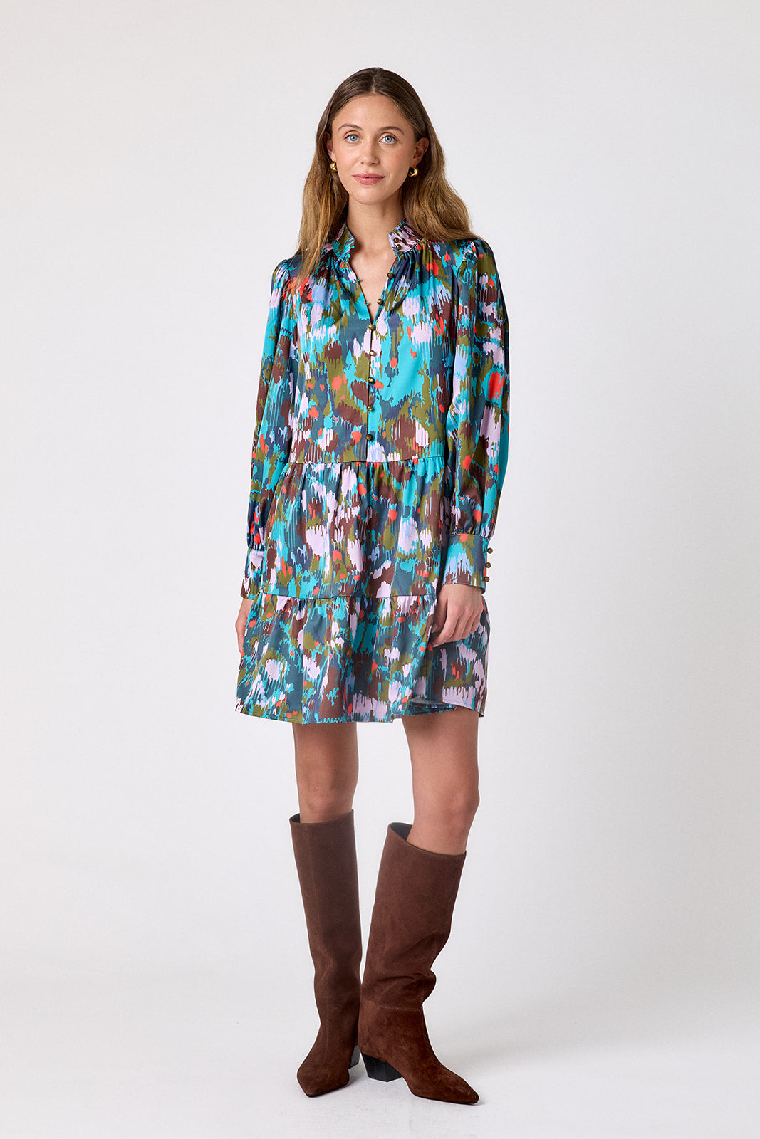 Florentine Marble tiered above-the-knee dress on model – CROSBY by Mollie Burch