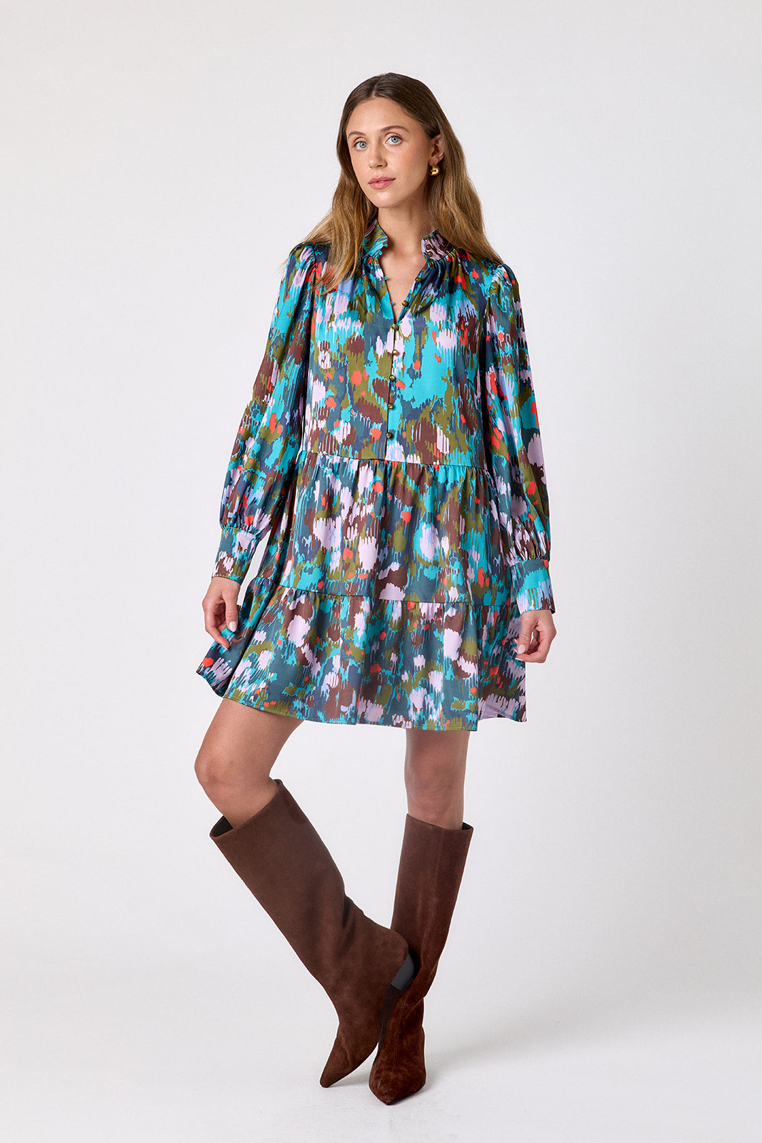 Florentine Marble tiered above-the-knee dress on model – CROSBY by Mollie Burch