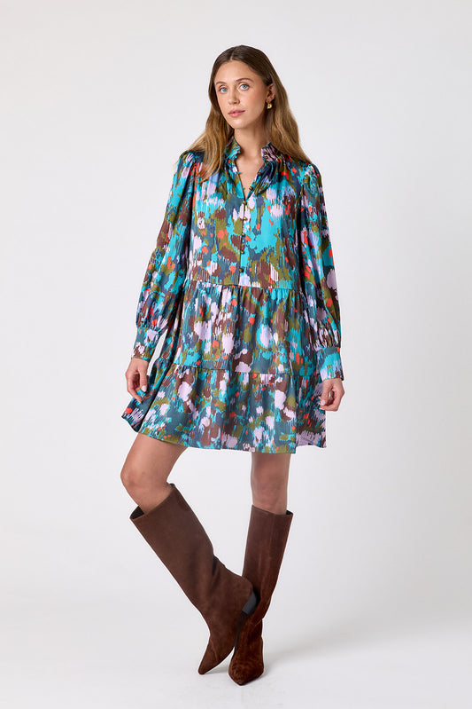 Florentine Marble tiered above-the-knee dress on model – CROSBY by Mollie Burch