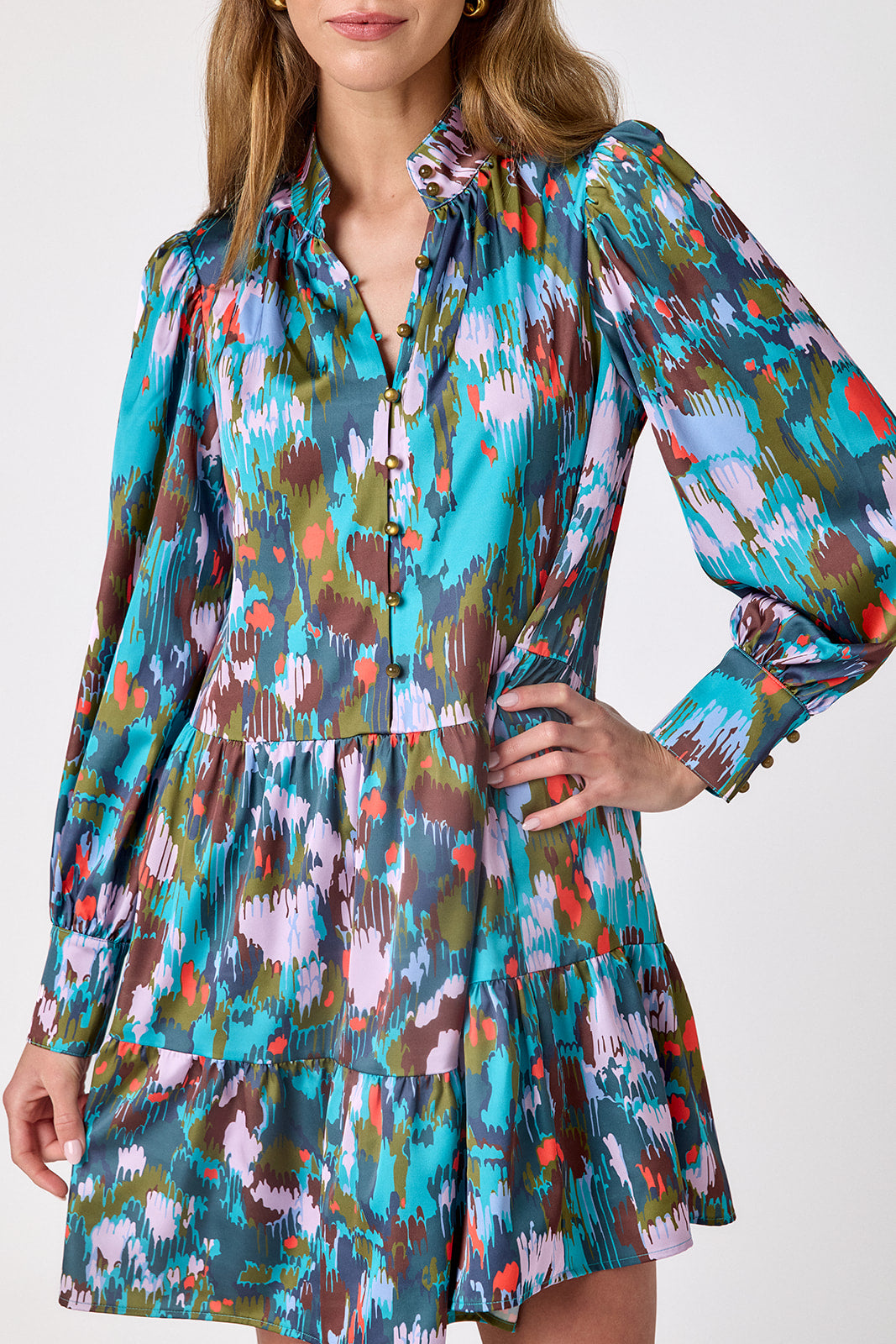 Florentine Marble tiered above-the-knee dress on model – CROSBY by Mollie Burch
