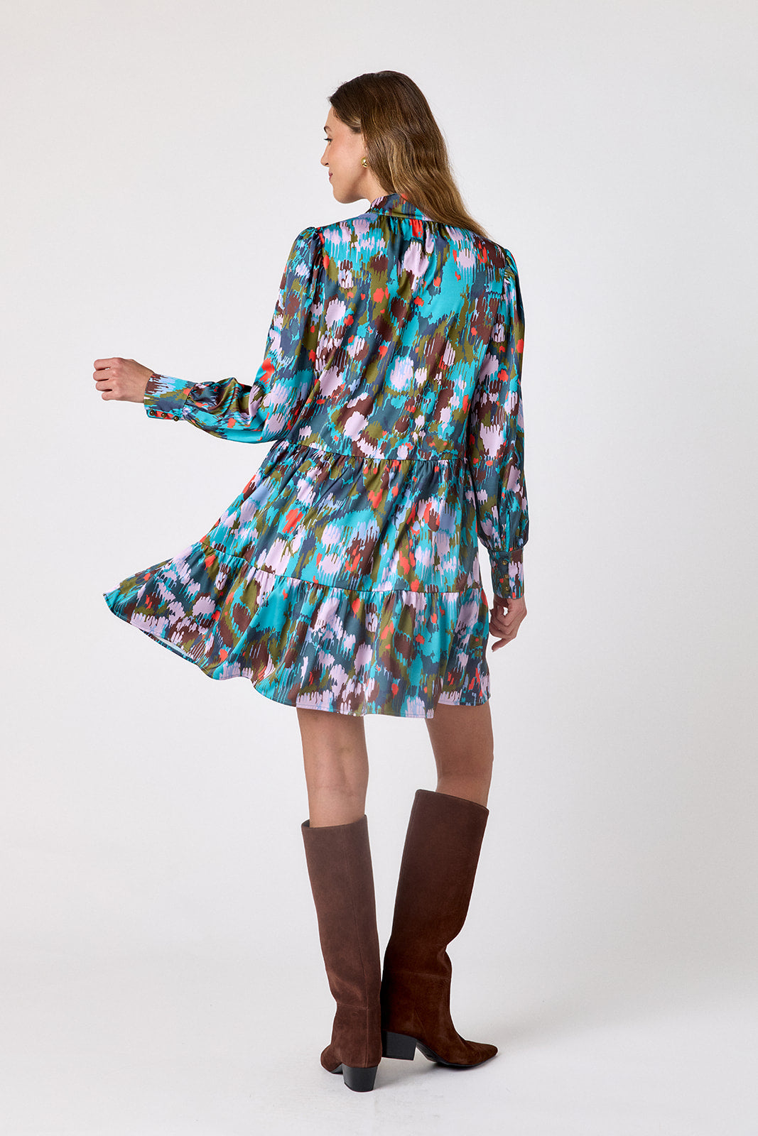 Florentine Marble tiered above-the-knee dress on model – CROSBY by Mollie Burch
