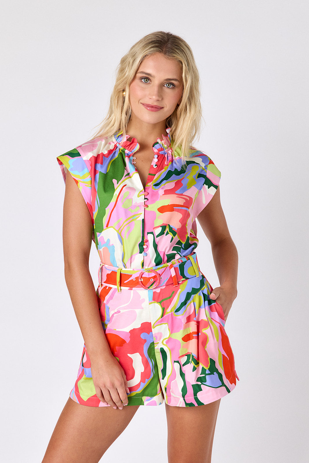 Flutter tailored shorts with belt on model — CROSBY by Mollie Burch