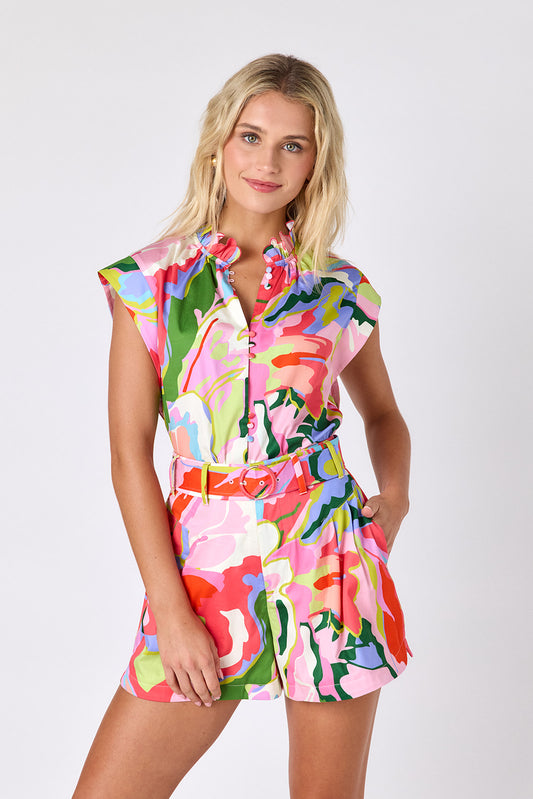 Flutter tailored shorts with belt on model — CROSBY by Mollie Burch