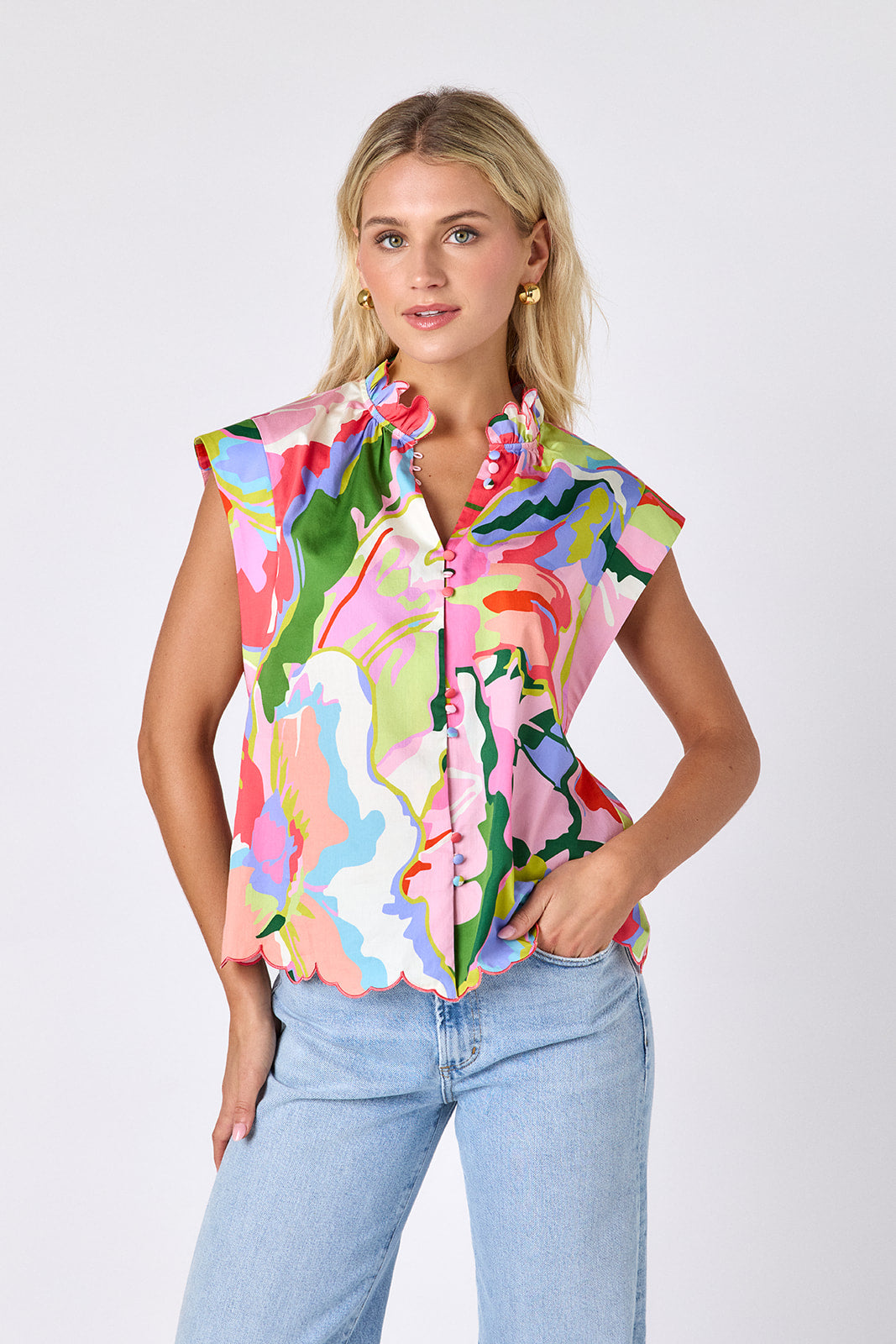 Flutter cotton top with scallop detail on model — CROSBY by Mollie Burch