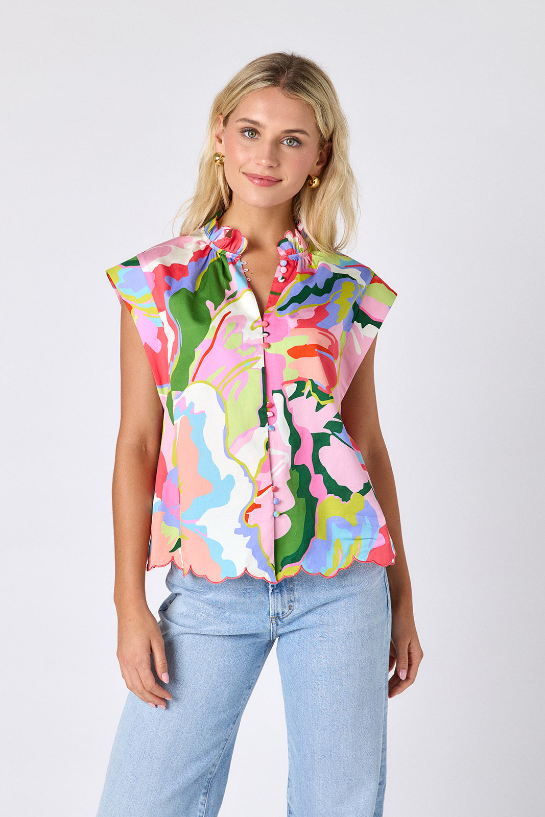 Flutter cotton top with scallop detail on model — CROSBY by Mollie Burch